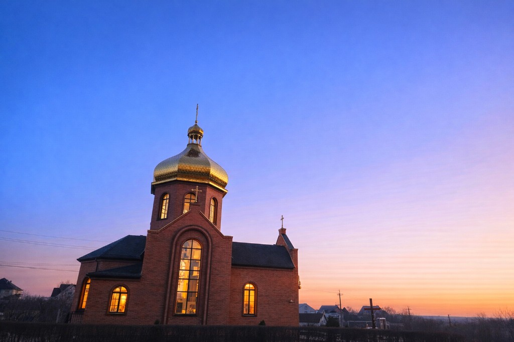 Rural church at sunset in Mykolaiv oblast.